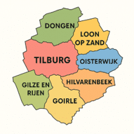 Kaartje waar VPTZ actief is: gemeente Tilburg, Dongen, Gilze-Rijen, Goirle, Hilvarenbeek, Loon op Zand en Oisterwijk